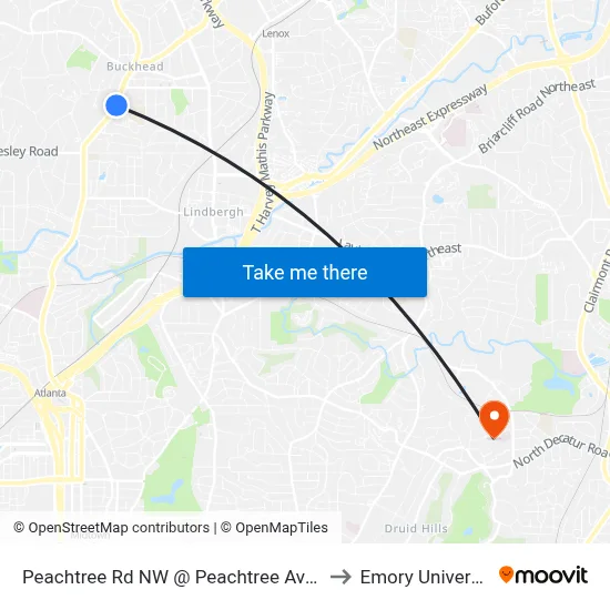 Peachtree Rd NW @ Peachtree Ave NE to Emory University map