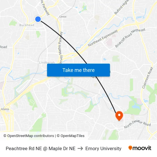 Peachtree Rd NE @ Maple Dr NE to Emory University map