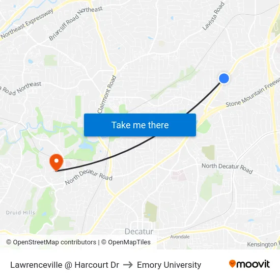 Lawrenceville @ Harcourt Dr to Emory University map