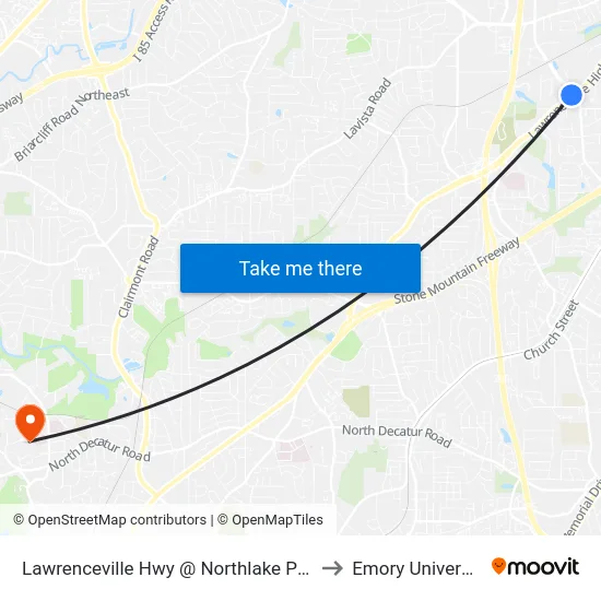 Lawrenceville Hwy @ Northlake Pkwy to Emory University map