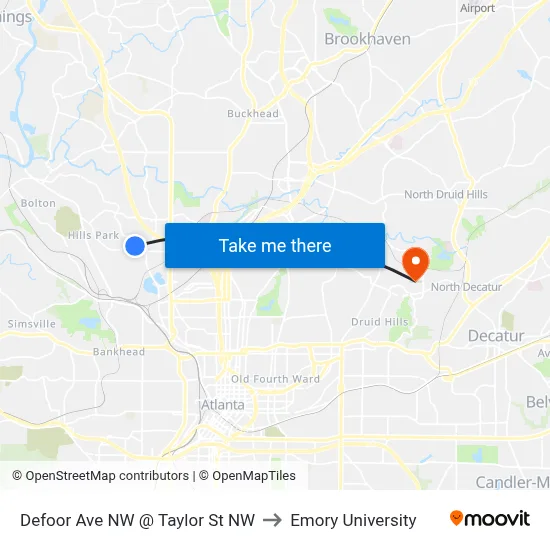 Defoor Ave NW @ Taylor St NW to Emory University map