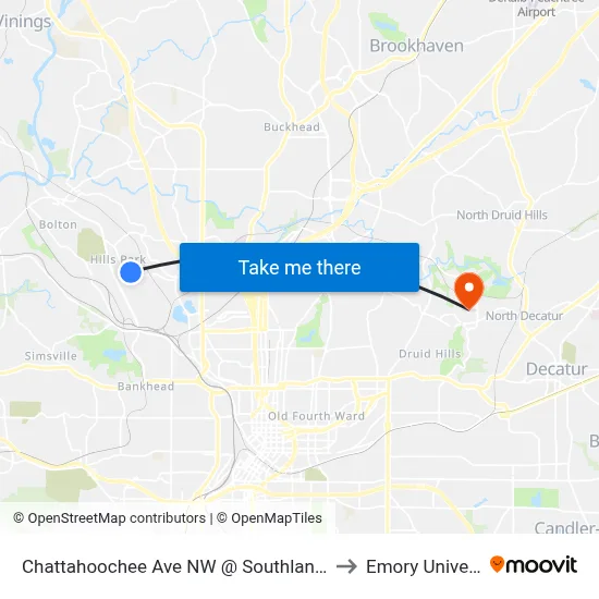 Chattahoochee Ave NW @ Southland Cir NW to Emory University map