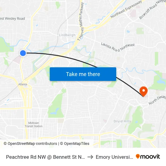 Peachtree Rd NW @ Bennett St NW to Emory University map