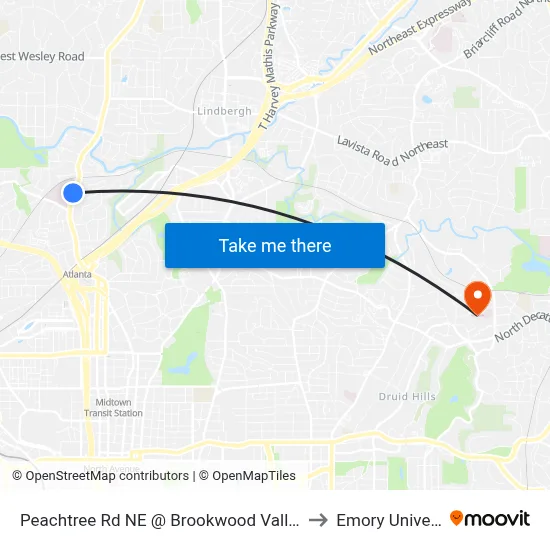 Peachtree Rd NE @ Brookwood Valley Cir NE to Emory University map