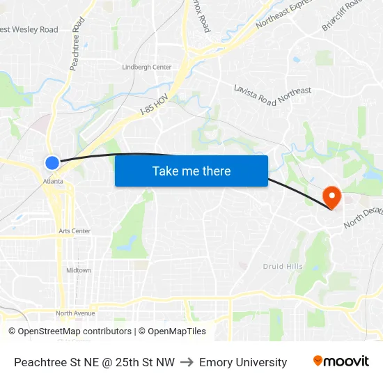 Peachtree St NE @ 25th St NW to Emory University map