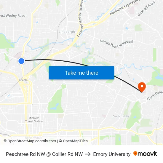 Peachtree Rd NW @ Collier Rd NW to Emory University map