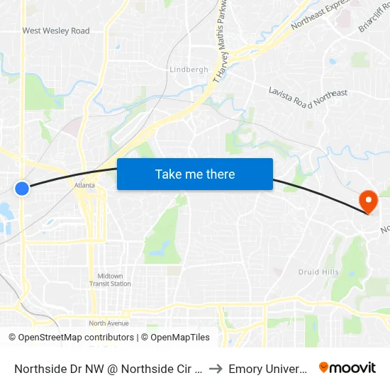 Northside Dr NW @ Northside Cir NW to Emory University map
