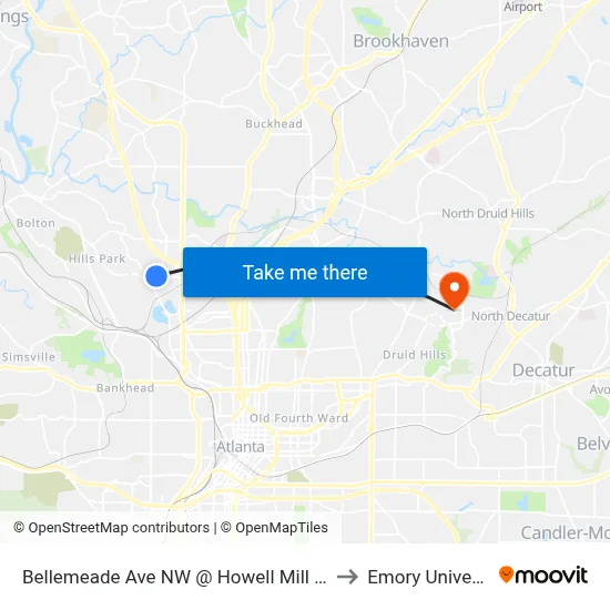 Bellemeade Ave NW @ Howell Mill Rd NW to Emory University map