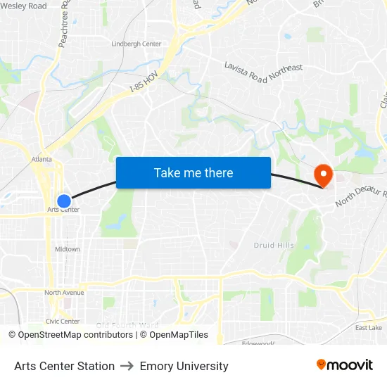 Arts Center Station to Emory University map