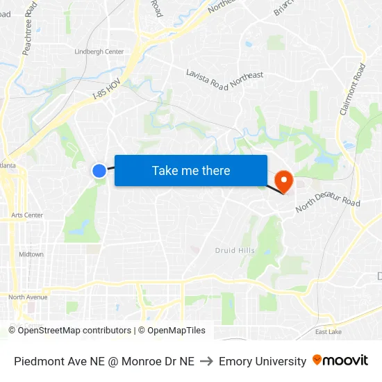 Piedmont Ave NE @ Monroe Dr NE to Emory University map