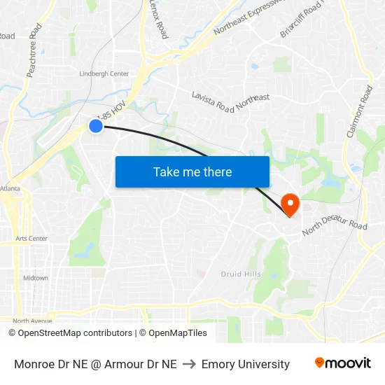 Monroe Dr NE @ Armour Dr NE to Emory University map