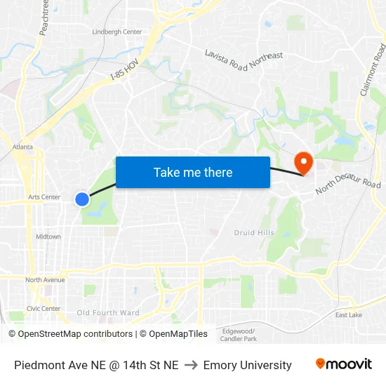 Piedmont Ave NE @ 14th St NE to Emory University map