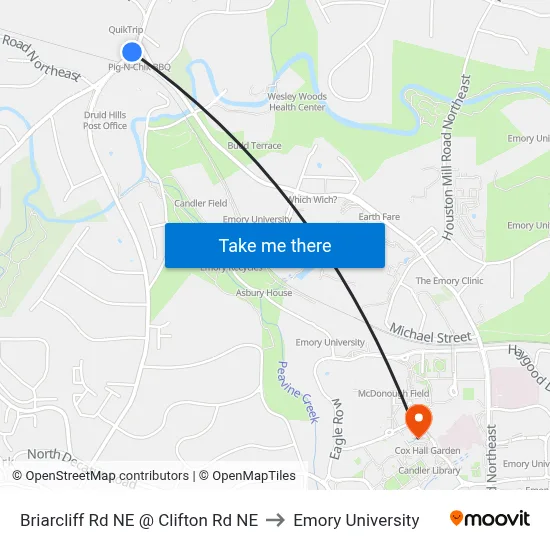 Briarcliff Rd NE @ Clifton Rd NE to Emory University map