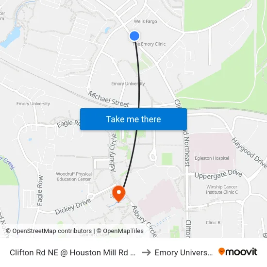 Clifton Rd NE @ Houston Mill Rd NE to Emory University map