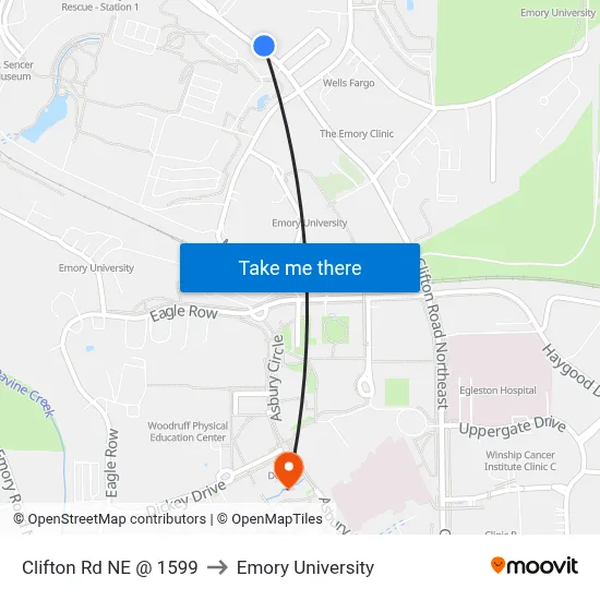 Clifton Rd NE @ 1599 to Emory University map