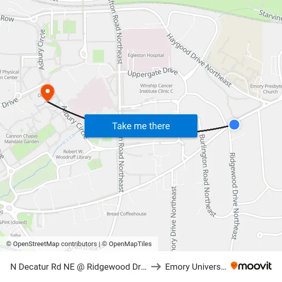 N Decatur Rd NE @ Ridgewood Dr NE to Emory University map
