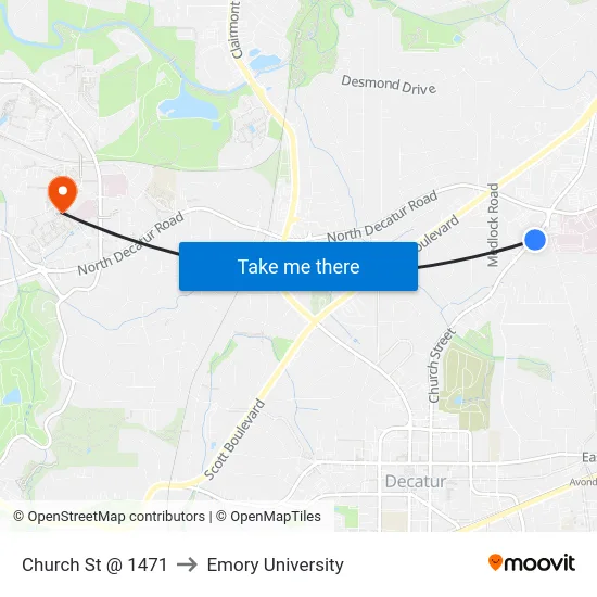 Church St @ 1471 to Emory University map