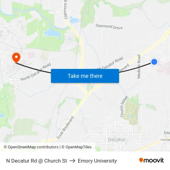 N Decatur Rd @ Church St to Emory University map