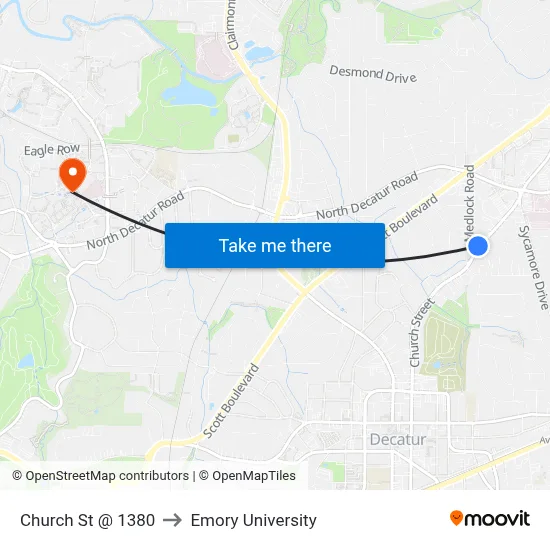 Church St @ 1380 to Emory University map