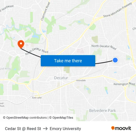 Cedar St @ Reed St to Emory University map