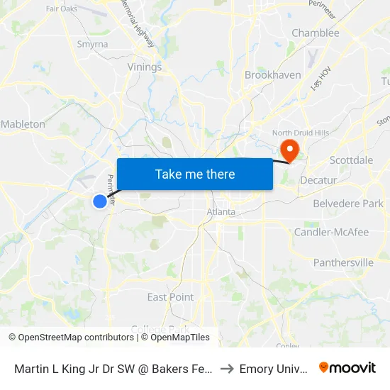 Martin L King Jr Dr SW @ Bakers Ferry Rd SW to Emory University map