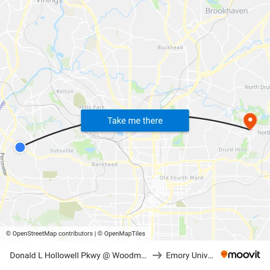 Donald L Hollowell Pkwy @ Woodmere Dr NW to Emory University map