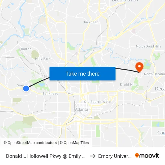 Donald L Hollowell Pkwy @ Emily Pl NW to Emory University map