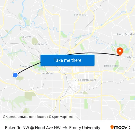 Baker Rd NW @ Hood Ave NW to Emory University map