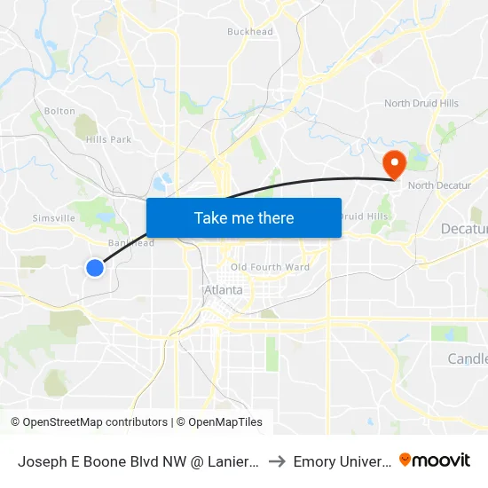 Joseph E Boone Blvd NW @ Lanier St NW to Emory University map