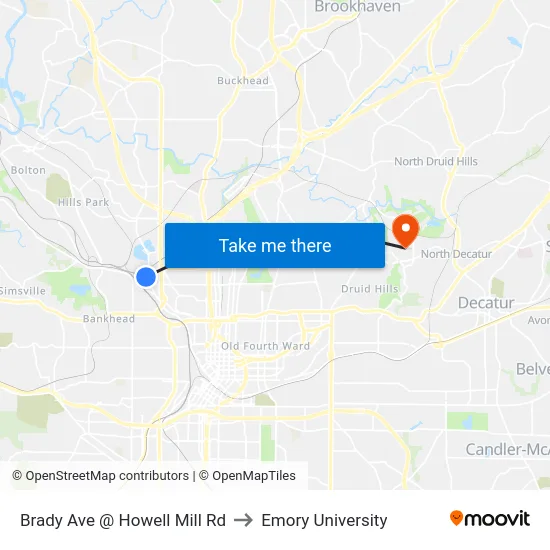 Brady Ave @ Howell Mill Rd to Emory University map