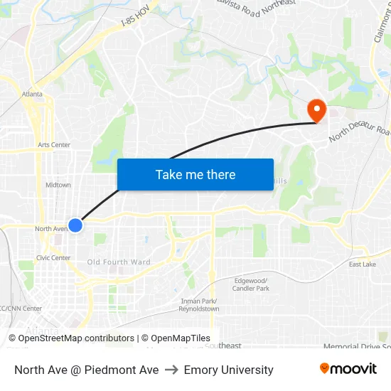 North Ave @ Piedmont Ave to Emory University map