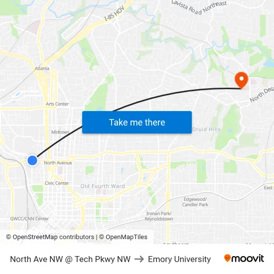 North Ave NW @ Tech Pkwy NW to Emory University map