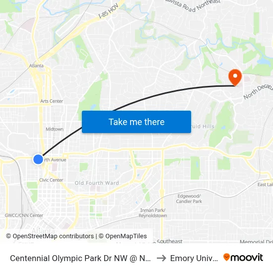 Centennial Olympic Park Dr NW @ North Ave NW to Emory University map
