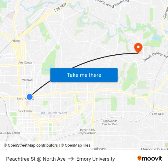 Peachtree St @ North Ave to Emory University map