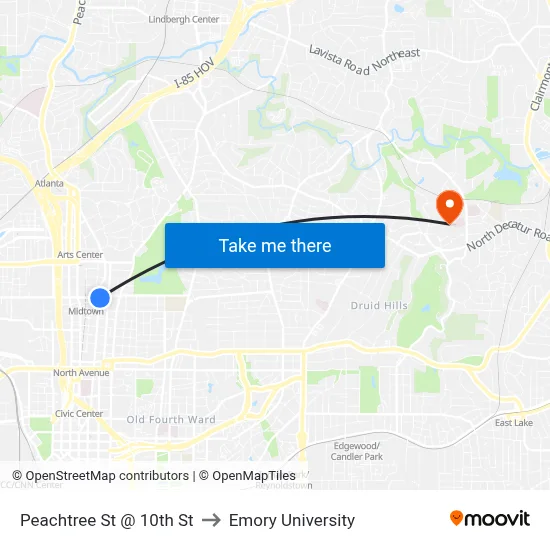 Peachtree St @ 10th St to Emory University map