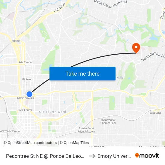 Peachtree St NE @ Ponce De Leon Ave to Emory University map