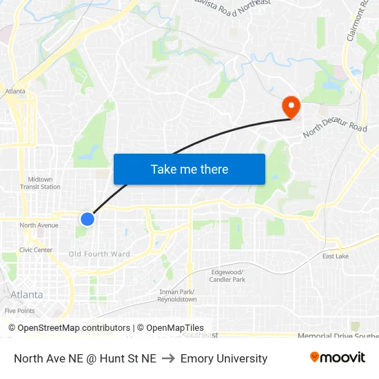 North Ave NE @ Hunt St NE to Emory University map