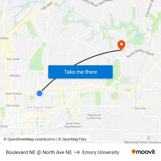 Boulevard NE @ North Ave NE to Emory University map