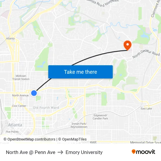 North Ave @ Penn Ave to Emory University map