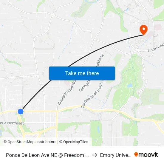 Ponce De Leon Ave NE @ Freedom Pkwy NE to Emory University map