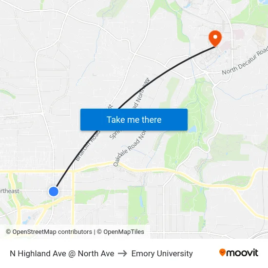 N Highland Ave @ North Ave to Emory University map