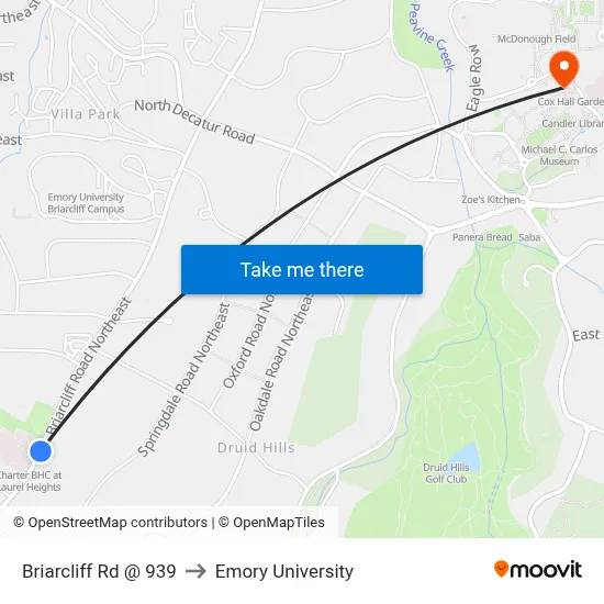 Briarcliff Rd @ 939 to Emory University map