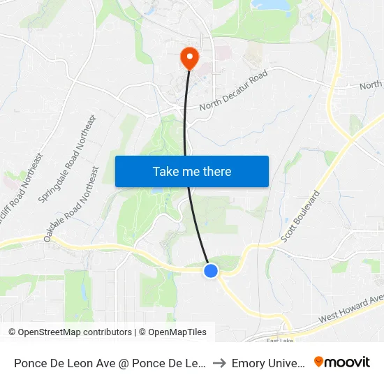 Ponce De Leon Ave @ Ponce De Leon Mnr to Emory University map