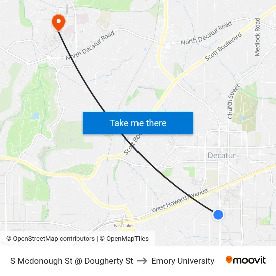 S Mcdonough St @ Dougherty St to Emory University map