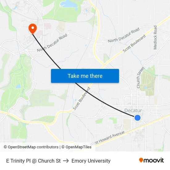 E Trinity Pl @ Church St to Emory University map