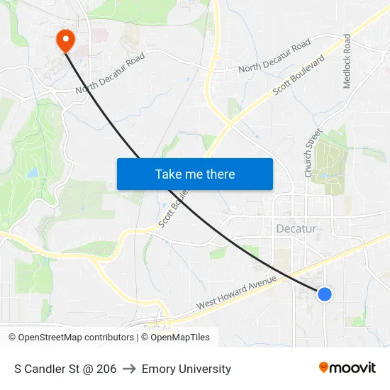 S Candler St @ 206 to Emory University map