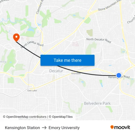 Kensington Station to Emory University map