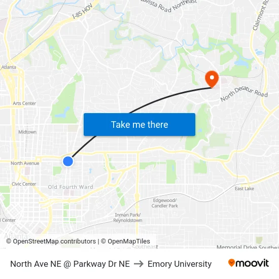 North Ave NE @ Parkway Dr NE to Emory University map