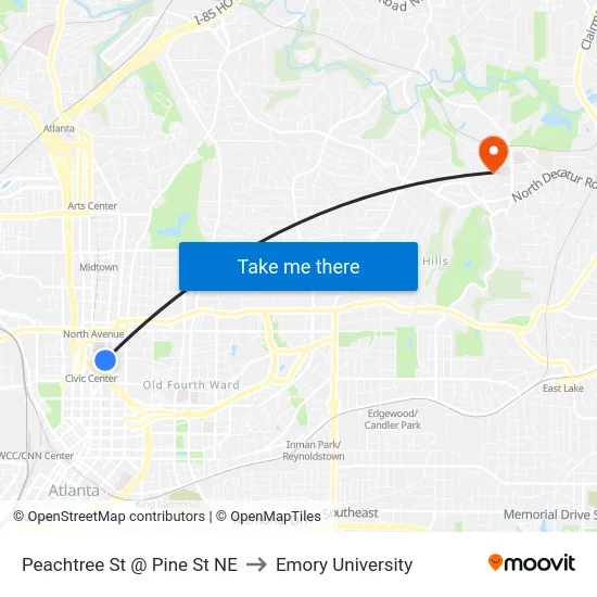 Peachtree St @ Pine St NE to Emory University map