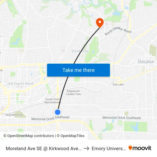Moreland Ave SE @ Kirkwood Ave SE to Emory University map